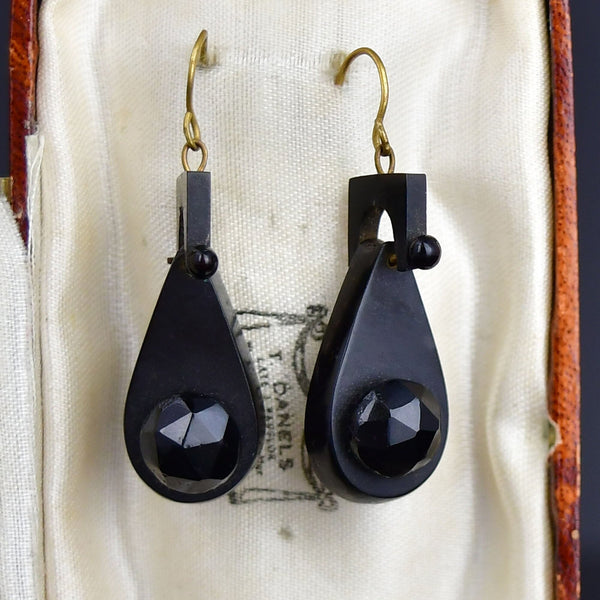 Antique Victorian Carved Whitby Jet Earrings - Boylerpf
