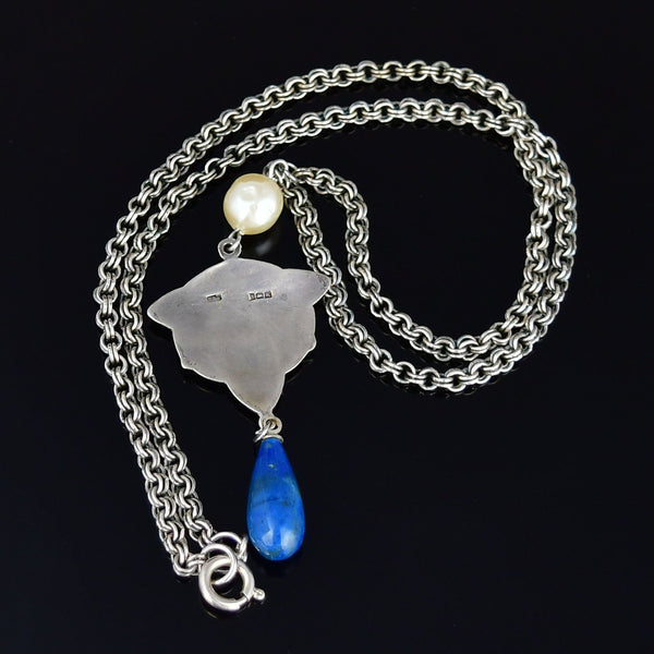 Art Nouveau Silver Enamel Pearl Lapis Lazuli Necklace
