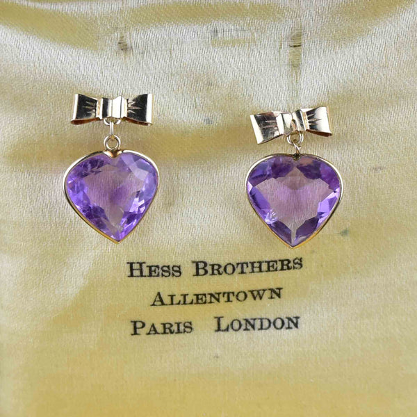 Vintage 14K Gold Bow Amethyst Heart Stud Drop Earrings - Boylerpf