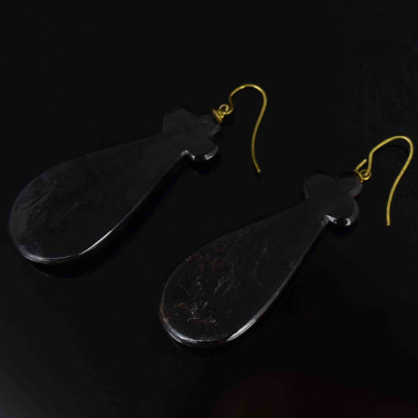 Antique Victorian Grapevine Carved Whitby Jet Drop Earrings - Boylerpf