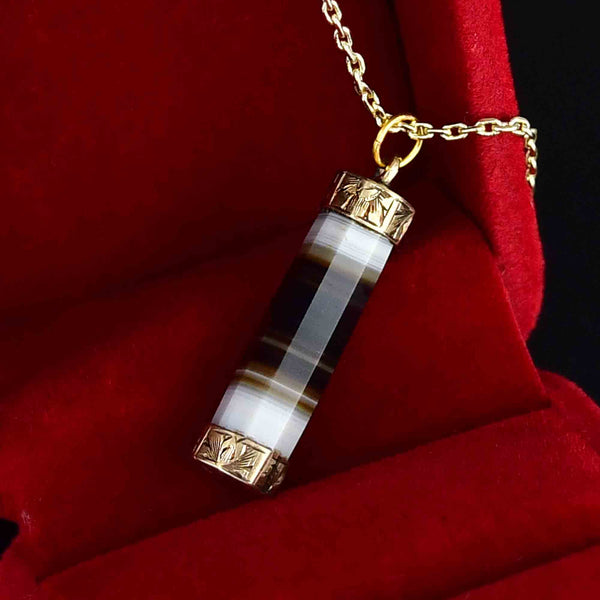 Antique Victorian Gold Floral Banded Agate Barrel Pendant Necklace - Boylerpf
