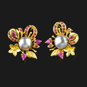 Vintage Floral Ruby Pearl Gold Gilt Silver Stud Earrings - Boylerpf