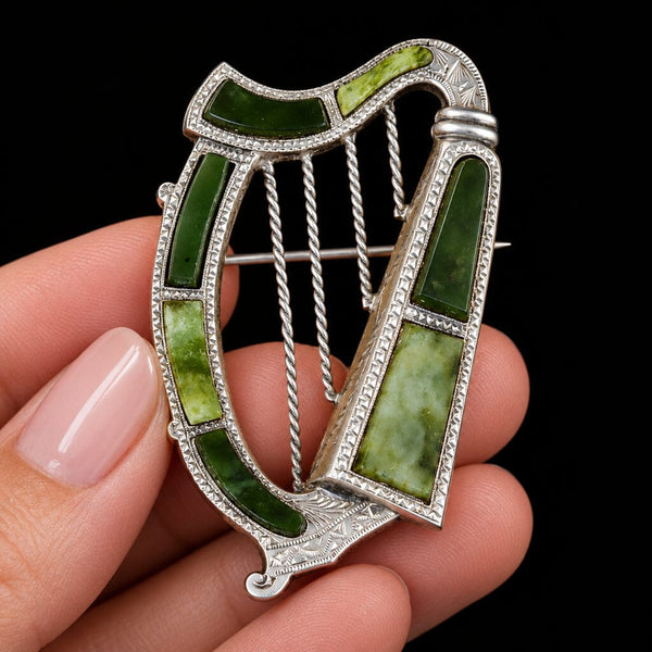 Antique Victorian Irish Connemara Marble Lyre Harp Brooch