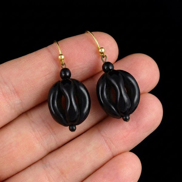 9K Gold Antique Victorian Whitby Jet Ball Earrings