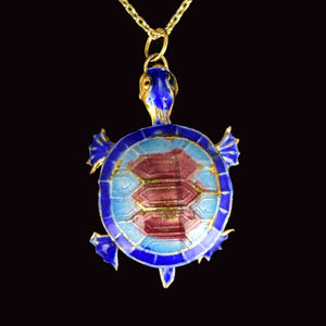 Vintage Blue Enamel Articulated Turtle Pendant Necklace - Boylerpf