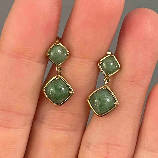 Gold Natural Jade Cabochon Geometric Drop Earrings - Boylerpf