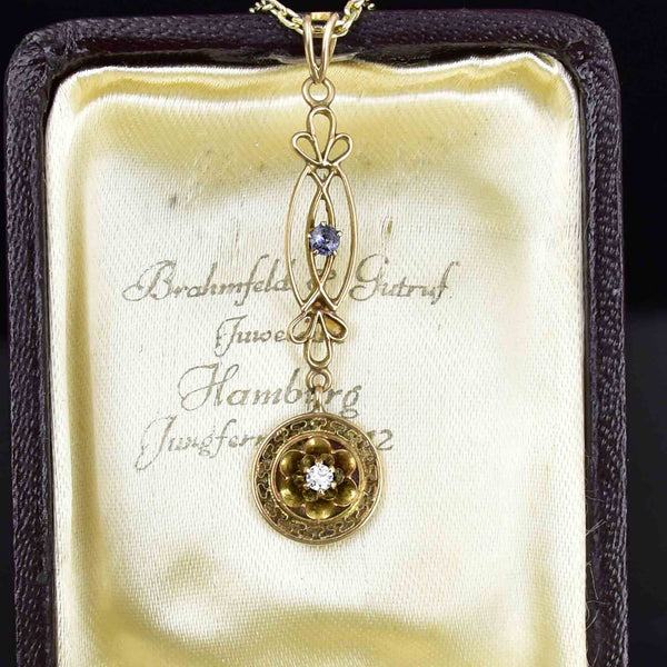 Art Nouveau 10K Gold Diamond Sapphire Lavalier Necklace - Boylerpf