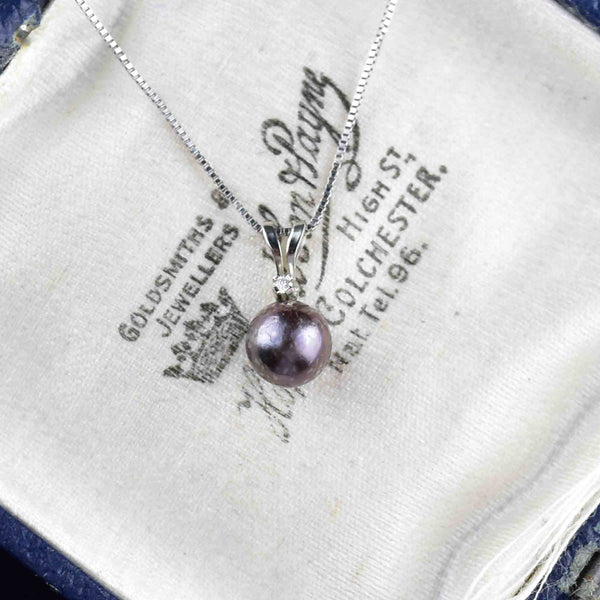 14K White Gold Diamond Black Pearl Pendant Necklace - Boylerpf