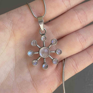 Silver Art Deco Style Moonstone Snowflake Pendant Necklace - Boylerpf