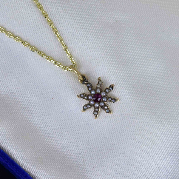 Antique 14K Gold Pearl Ruby Star Charm Pendant Necklace - Boylerpf