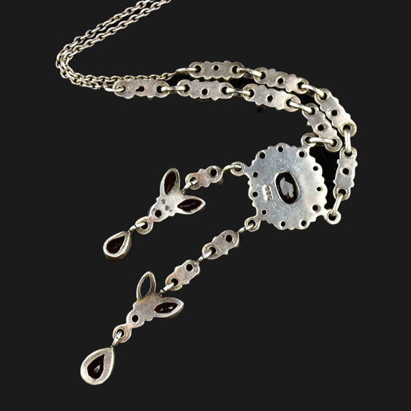Vintage Floral Garnet Negligee Silver Pendant Necklace - Boylerpf