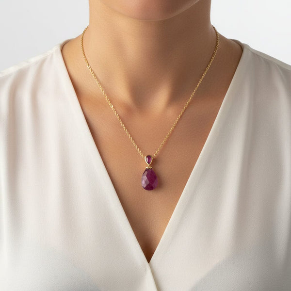 Vintage Natural Ruby 9K Gold Pendant Necklace