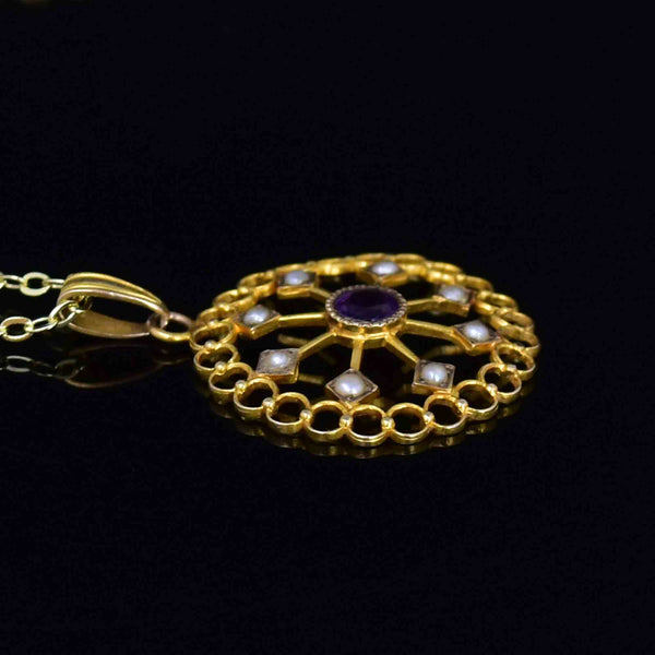 Art Nouveau 10K Gold Amethyst Seed Pearl Lavaliere Necklace - Boylerpf