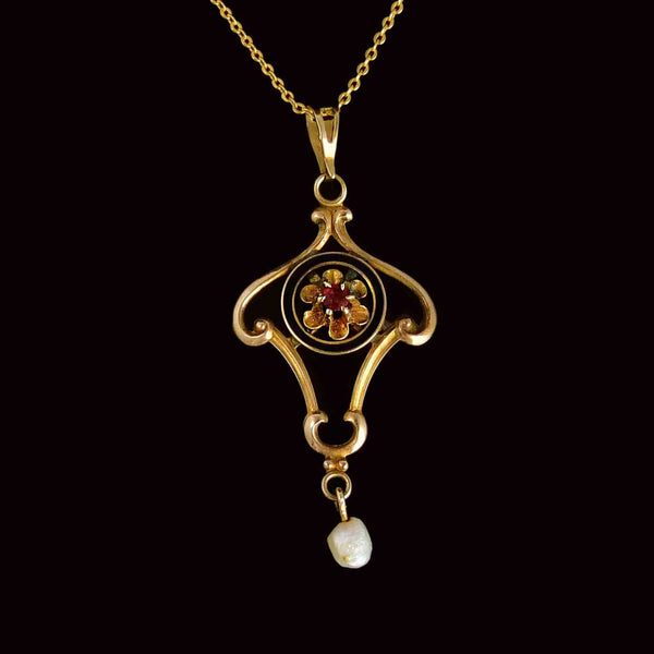Priority Shipping for Antique Edwardian Gold Enamel Pearl Ruby Lavalier Pendant - Boylerpf
