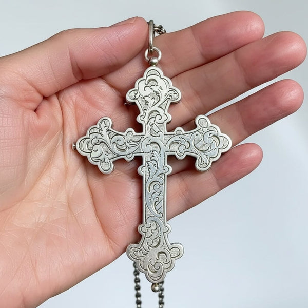 Antique Sterling Silver Catholic Reliquary Pectoral Cross Pendant