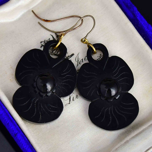 Antique Victorian Carved Whitby Jet Pansy Flower Earrings - Boylerpf