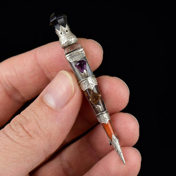Victorian Scottish Agate Smoky Quartz Dirk Brooch