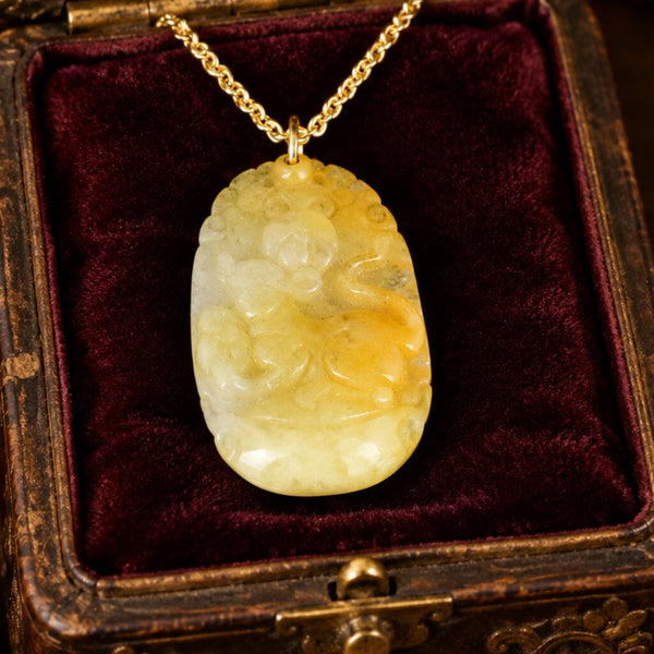 Vintage Gold Carved Yellow Jade Year of The Rat Necklace