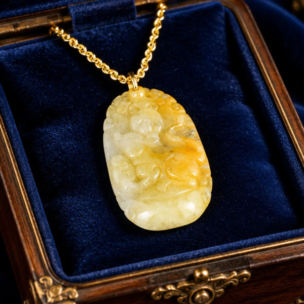 Vintage Gold Carved Yellow Jade Year of The Rat Necklace