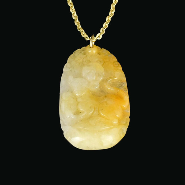 Vintage Gold Carved Yellow Jade Year of The Rat Necklace