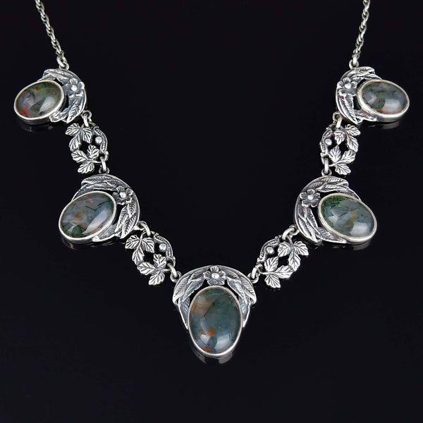 Antique Arts & Crafts Silver Dendritic Moss Agate Necklace - Boylerpf