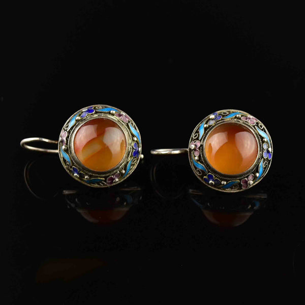 Vintage Carnelian Banded Agate Enamel Earrings - Boylerpf