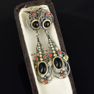Vintage Sterling Silver Coral Onyx Drop Earrings - Boylerpf