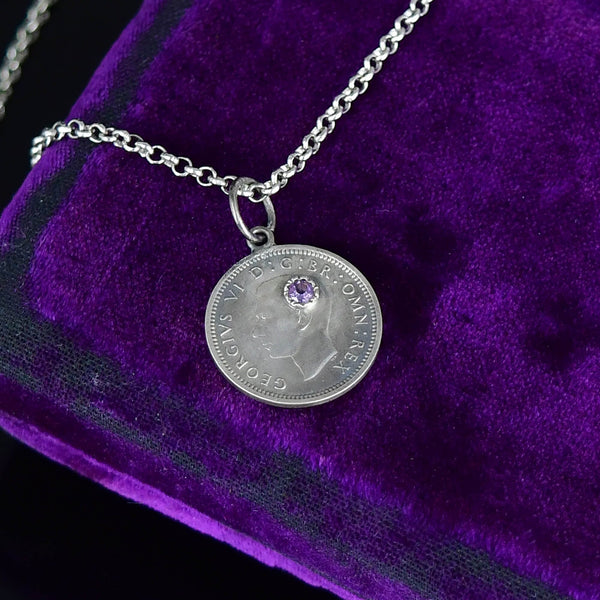 Vintage Three Pence Amethyst King George Coin Necklace - Boylerpf