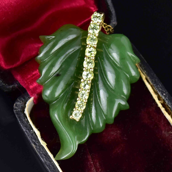 Vintage 9K Gold Carved Jade Leaf Peridot Pendant Necklace - Boylerpf