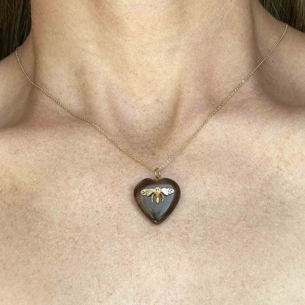Vintage Bee Banded Agate Heart Pendant Necklace - Boylerpf