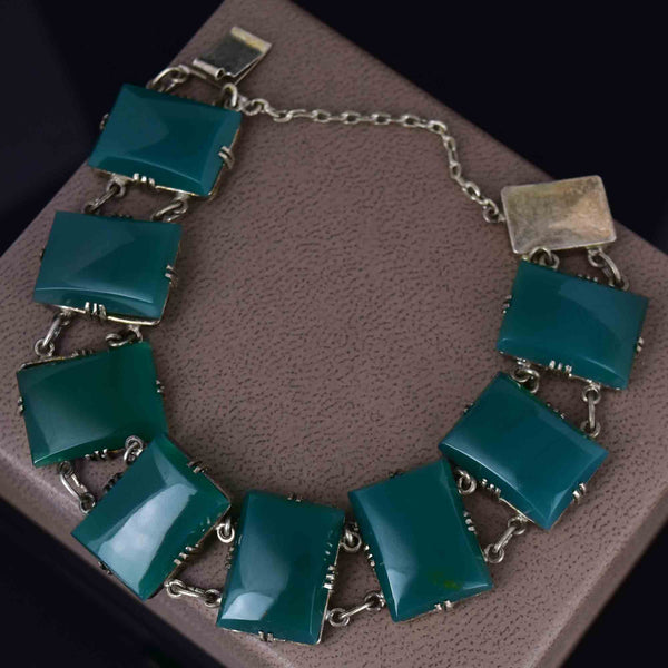 Sterling Silver Art Deco Chrysoprase Wide Link Chain Bracelet - Boylerpf