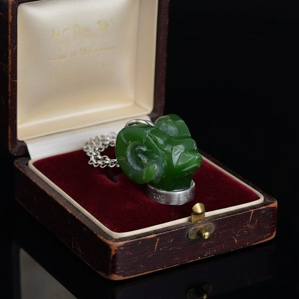 Vintage Silver Carved Jade Ram Head Necklace - Boylerpf