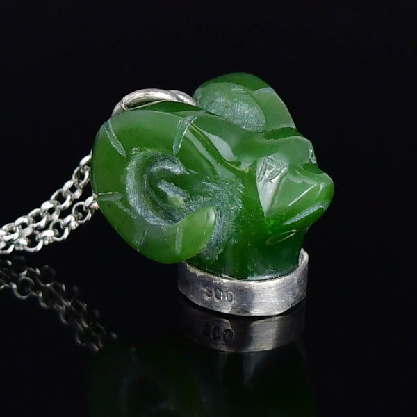 Vintage Silver Carved Jade Ram Head Necklace - Boylerpf