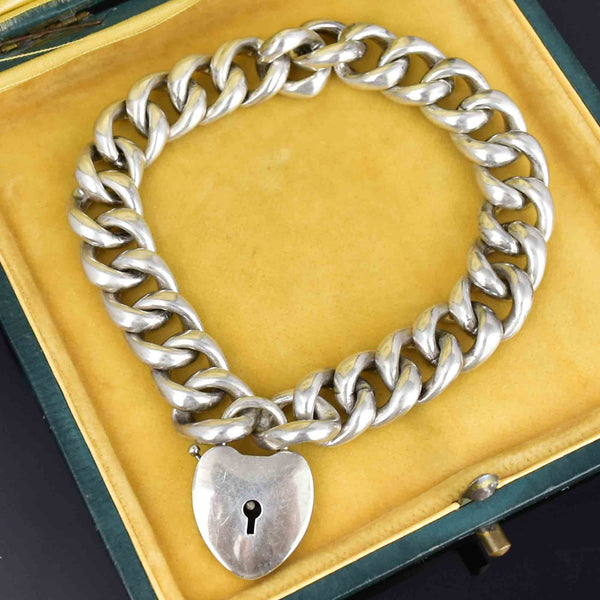 Antique Silver Heart Padlock Curb Chain Victorian Bracelet - Boylerpf