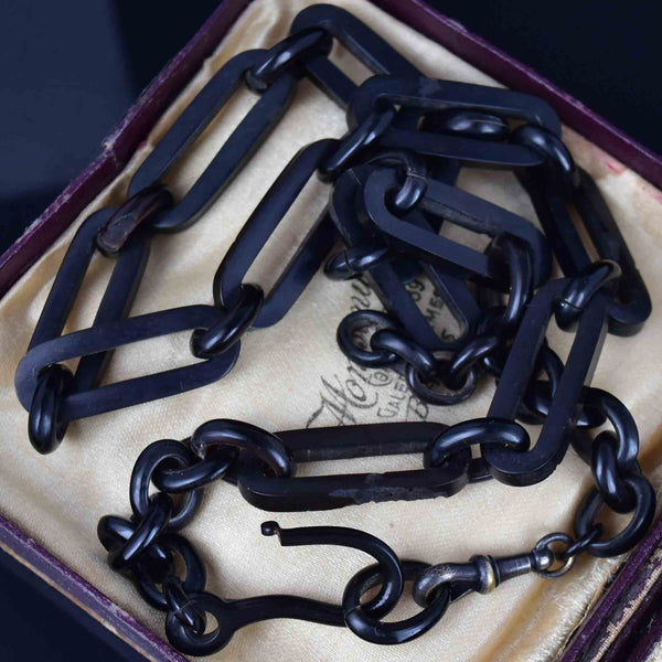 Antique Vulcanite Trombone Link Chain Victorian Mourning Necklace - Boylerpf