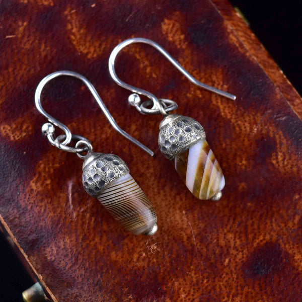 Silver Banded Agate Acorn Drop Earrings - Boylerpf