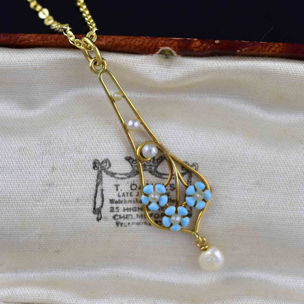 Krementz Art Nouveau 14K Gold Pearl Enamel Forget Me Not Necklace - Boylerpf