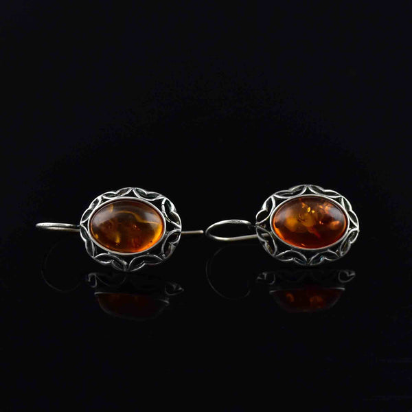 Vintage Silver Heart Amber Cabochon Statement Earrings - Boylerpf