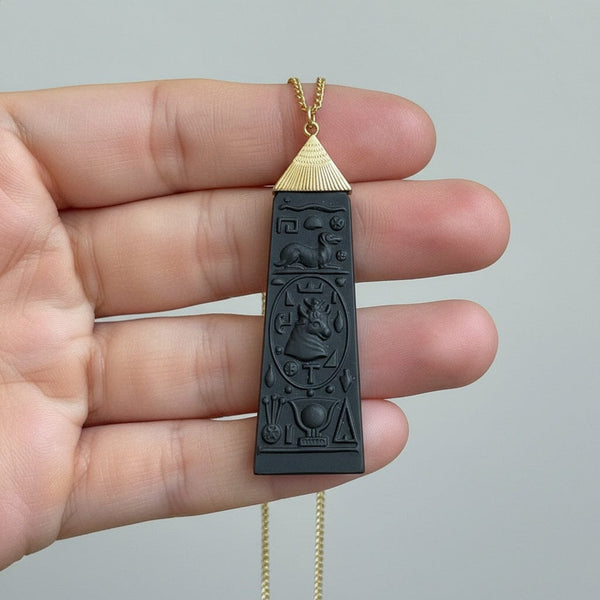 Vintage Black Wedgwood Carved Egyptian Pendant Necklace - Boylerpf