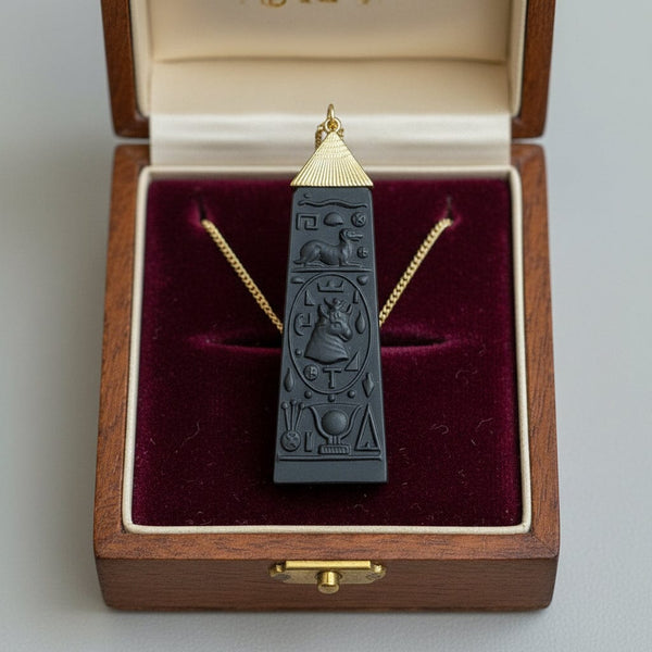 Vintage Black Wedgwood Carved Egyptian Pendant Necklace - Boylerpf