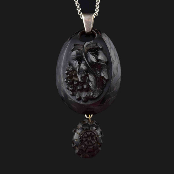 Antique Victorian Carved Whitby Jet Grape Pendant Necklace - Boylerpf