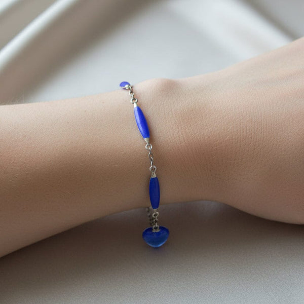 Art Deco Sterling Silver Cobalt Blue Enamel Heart Bracelet
