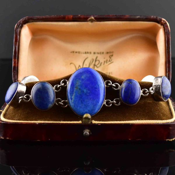 Vintage Silver Lapis Lazuli Link Chain Bracelet - Boylerpf