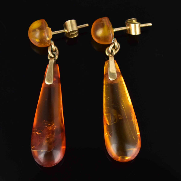 Vintage Art Deco Gold Baltic Amber Torpedo Stud Drop Earrings - Boylerpf