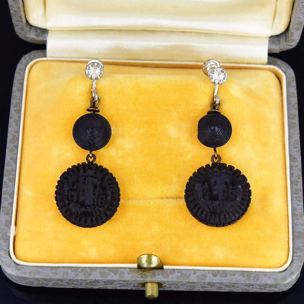 Antique Victorian Irish Bog Oak Castle Earrings - Boylerpf