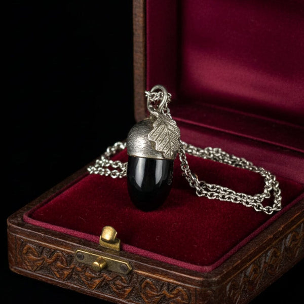 Sterling Silver Arts & Crafts Whitby Jet Acorn Necklace