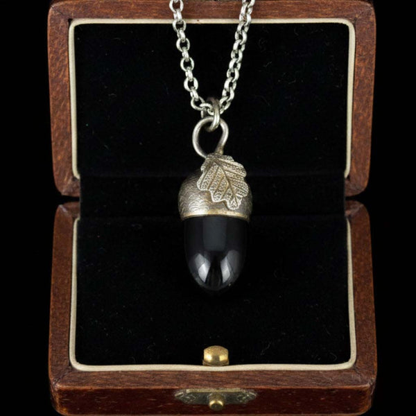 Sterling Silver Arts & Crafts Whitby Jet Acorn Necklace