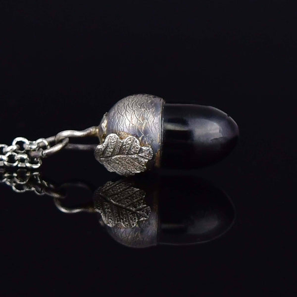 Sterling Silver Arts & Crafts Whitby Jet Acorn Necklace
