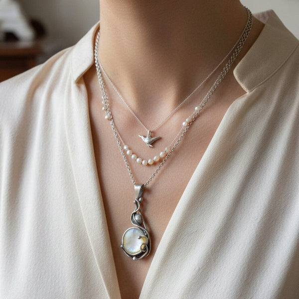 Arts & Crafts Sterling Silver Leaf Mother of Pearl Necklace