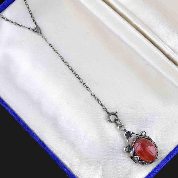 Vintage Art Deco Carnelian Scarab Y Chain Necklace - Boylerpf